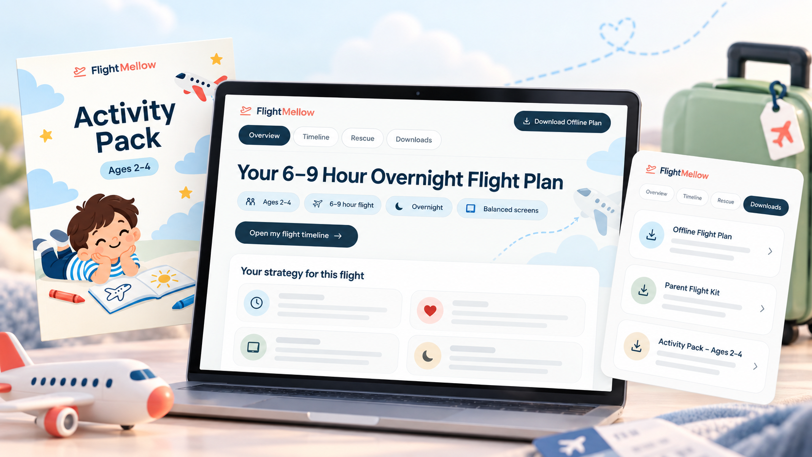 Preview of the FlightMellow personalized flight plan on a laptop, with downloadable resources and an Activity Pack